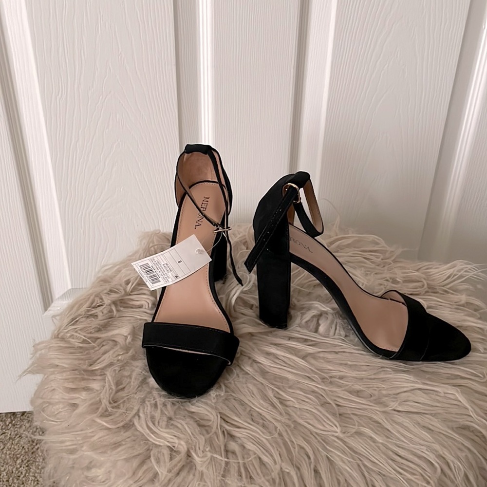 Merona, Black, Suede , Thick Heeled , Open Toe